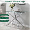 Modern glass console table with a clear tempered glass top and sturdy chromed tubular legs for stylish entryway decor.