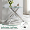 Modern glass console table with a clear tempered glass top and chromed tubular legs, featuring adjustable foot pads.