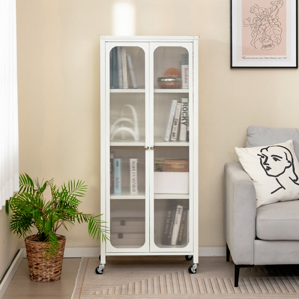 White glass doors storage cabinet on wheels with adjustable shelves, perfect for organizing books and enhancing living.