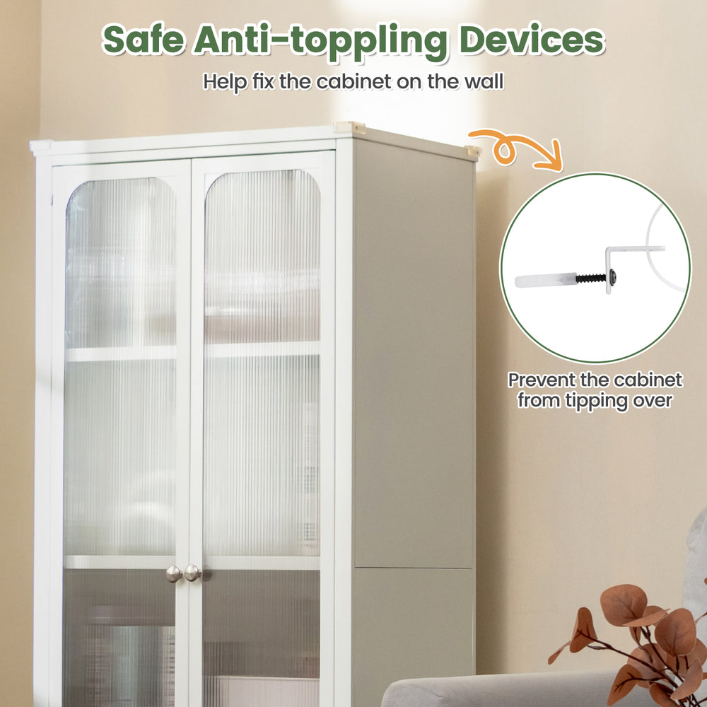 Glass doors storage cabinet in white with wheels and adjustable shelves for versatile organization in any room.