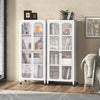 White storage cabinet with glass doors and wheels, showcasing adjustable shelves for stylish organization in any space.