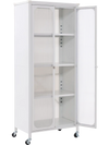 White glass doors storage cabinet with wheels, featuring adjustable shelves for versatile organization in any room.
