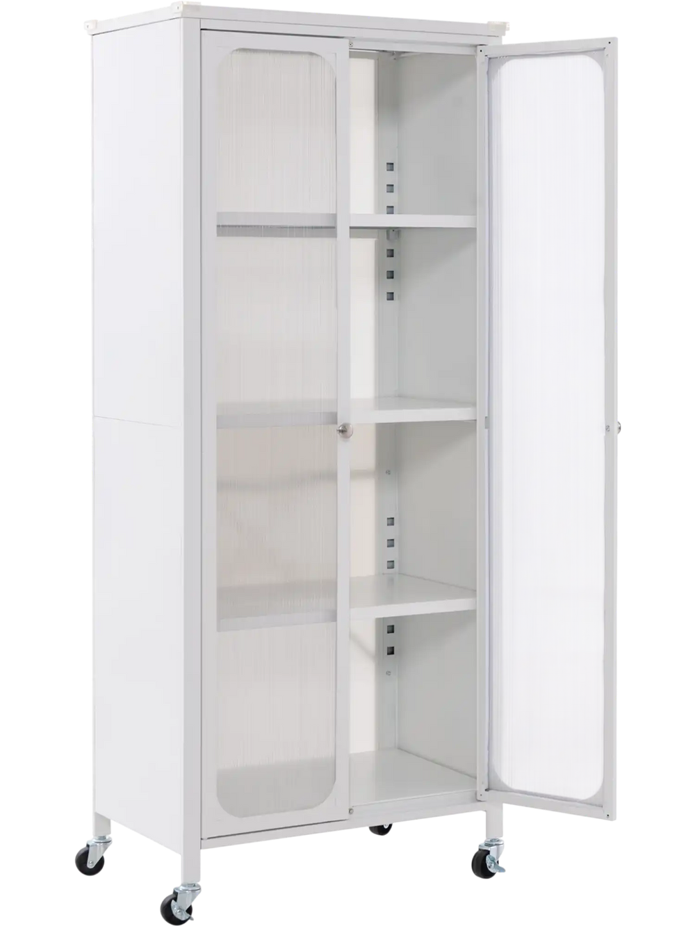 White glass doors storage cabinet with wheels, featuring adjustable shelves for versatile organization in any room.