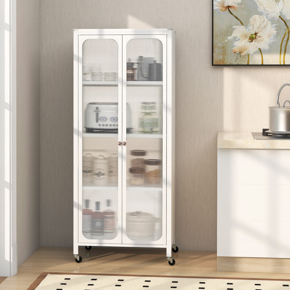 White storage cabinet with glass doors and wheels, showcasing a stylish design that enhances organization in any space.