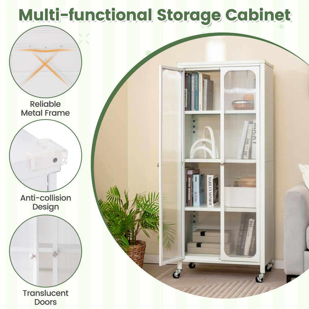 Glass doors storage cabinet with wheels, adjustable shelves, and anti-collision design for versatile organization.