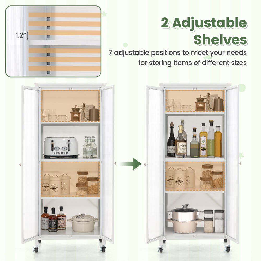 Glass doors storage cabinet with wheels, featuring 2 adjustable shelves for customizable organization in white.