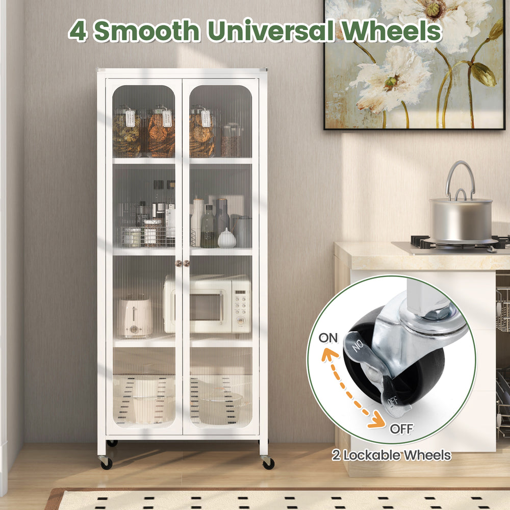 Close-up of the smooth universal wheels on a white glass doors storage cabinet, highlighting mobility and lockable.