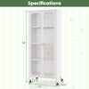 White glass doors storage cabinet with wheels, featuring adjustable shelves for versatile organization and easy.