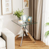 Square glass side table with tempered glass top and silver metal X base, perfect as a side table or nightstand.