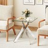 Square glass side table with a tempered glass top and silver metal X base, perfect as a side table or nightstand.