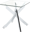 Square glass side table with tempered glass top and silver metal X base, ideal for versatile living spaces.