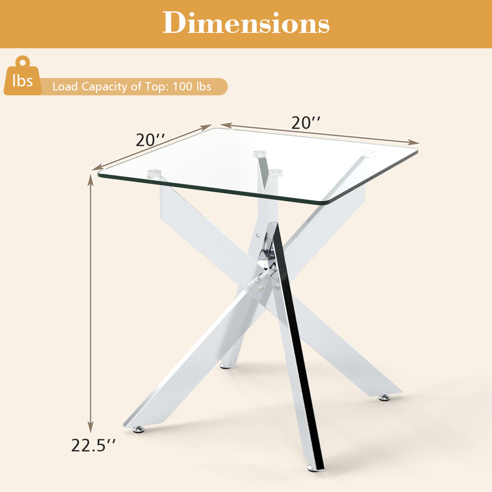 Square glass side table with a tempered glass top and silver metal X base, featuring adjustable foot pads for stability.