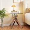 Square glass side table with a tempered glass top and silver metal X base, perfect as a nightstand or side table.
