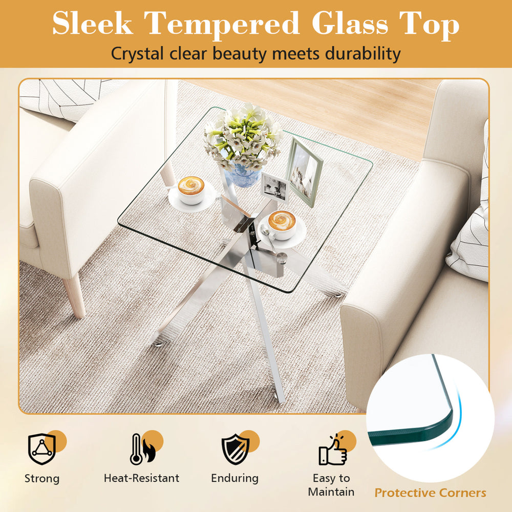 Square glass side table with a tempered glass top and metal X base, featuring protective corners for safety and.