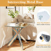 Square glass side table with a tempered glass top and intersecting metal X base, designed for stability and versatility.