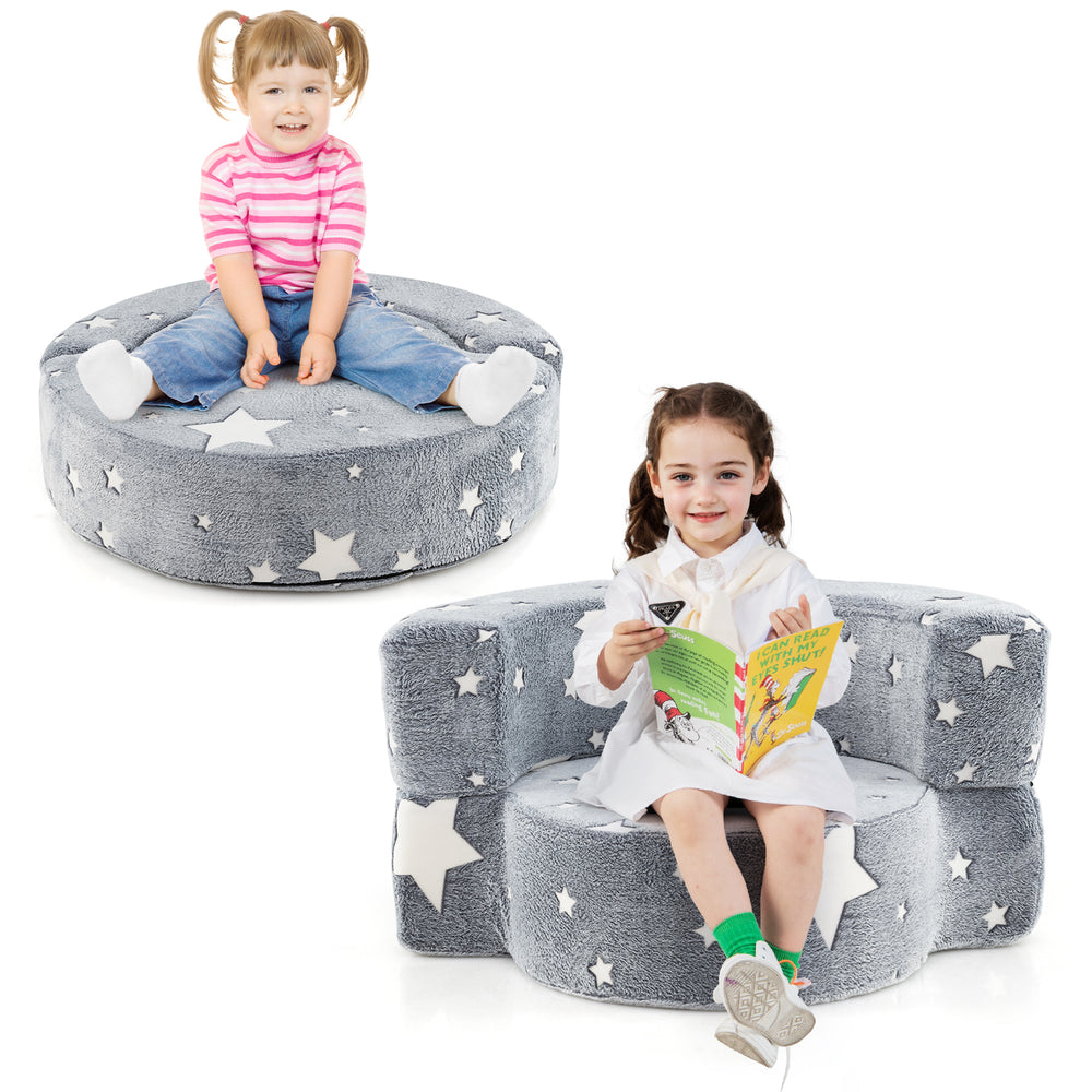 Convertible gray kids sofa with removable cover, featuring luminous star patterns, perfect for reading and playing.