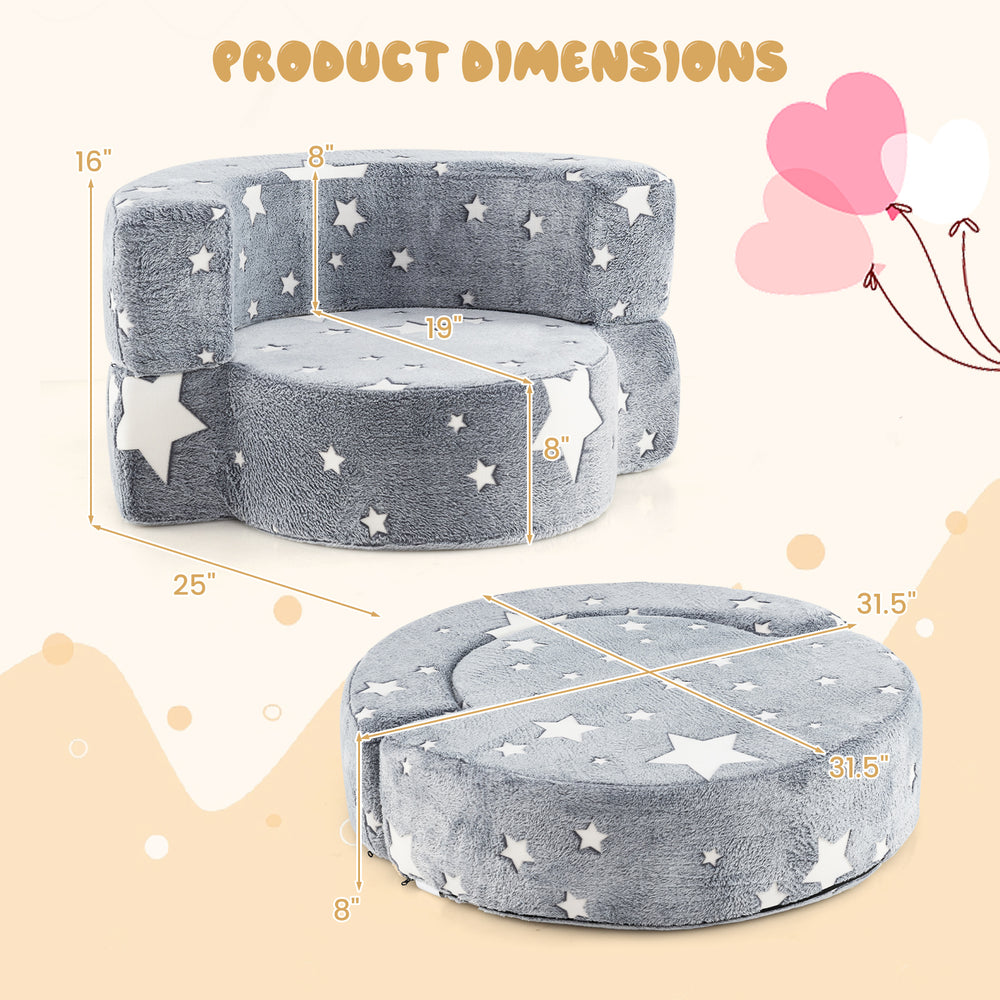 Gray 2-in-1 convertible kids sofa with removable cover, featuring luminous star patterns and ergonomic design for.