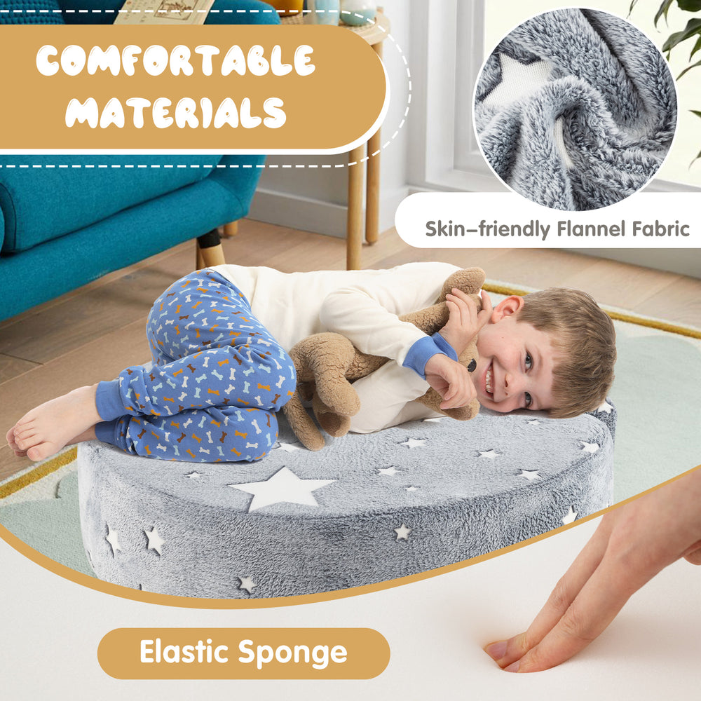 Round gray kids sofa with luminous star patterns, made of soft flannel fabric and elastic sponge for comfort.