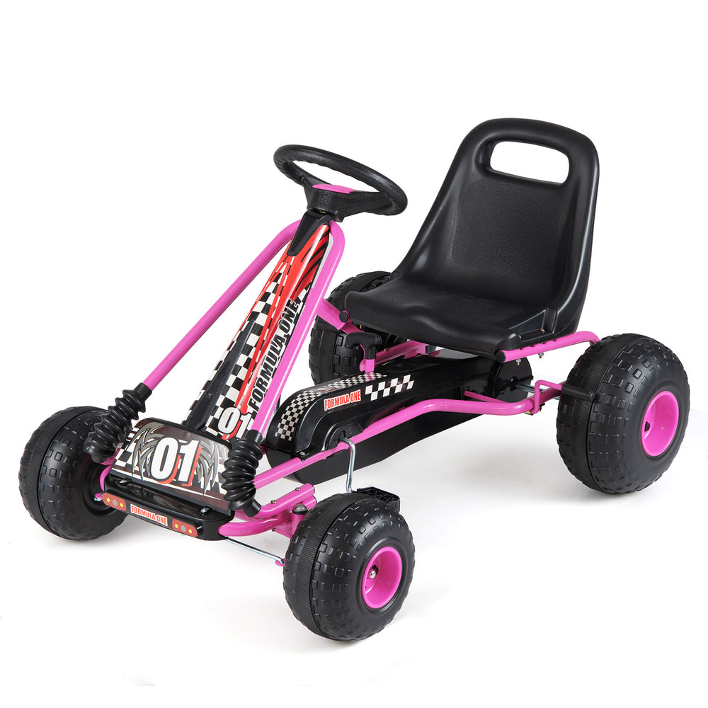 Kids go-kart in pink with adjustable seat, multi-terrain wheels, and safety features for indoor and outdoor fun.