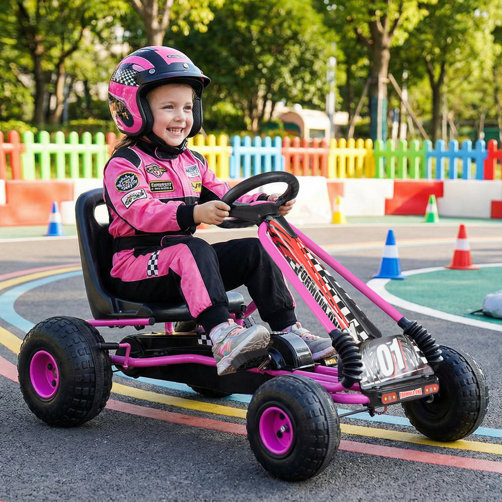 Go Kart for Kids 4 Wheels Pedal with Adjustable Seat and Multi-Terrain Wheels-Pink - Gallery View 1 of 10
