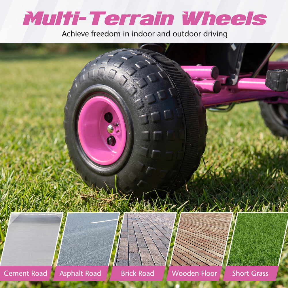 Close-up of multi-terrain wheels on a pink Go Kart for Kids, designed for indoor and outdoor driving freedom.