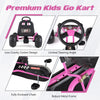 Kids go kart in pink with adjustable seat, multi-terrain wheels, and robust metal frame for safe outdoor fun.
