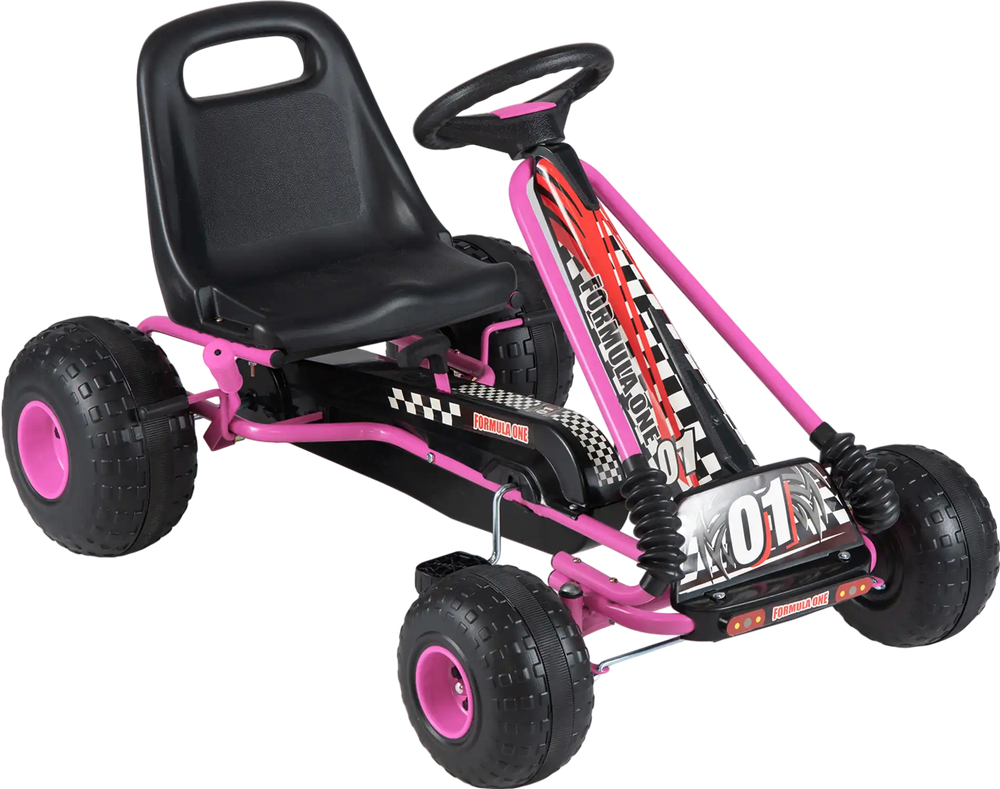 Kids go-kart in pink with adjustable seat, multi-terrain wheels, and dual control modes for safe outdoor fun.