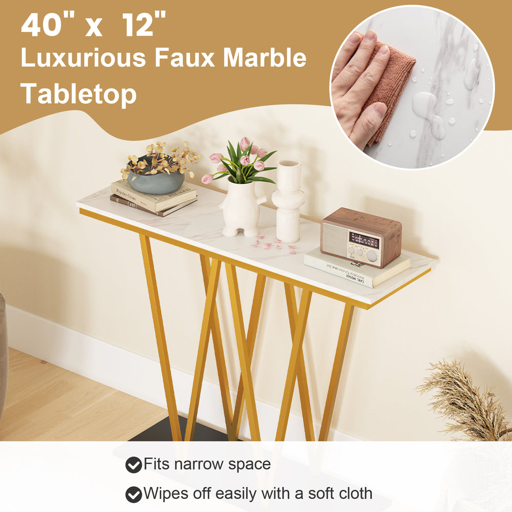 Gold entryway table with faux marble tabletop, 40"x12", ideal for narrow spaces and easy to clean with a soft cloth.