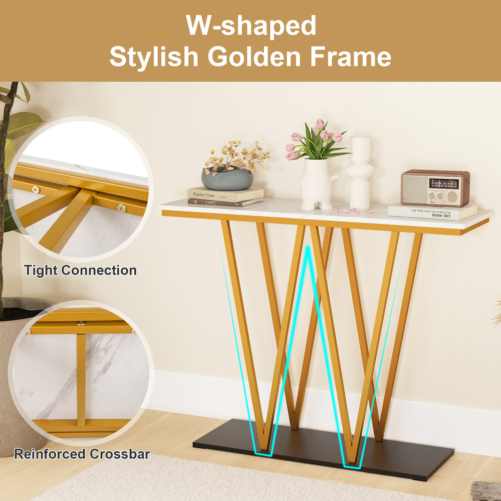 Gold entryway table with faux marble top and stylish W-shaped golden frame, perfect for narrow spaces and decoration.