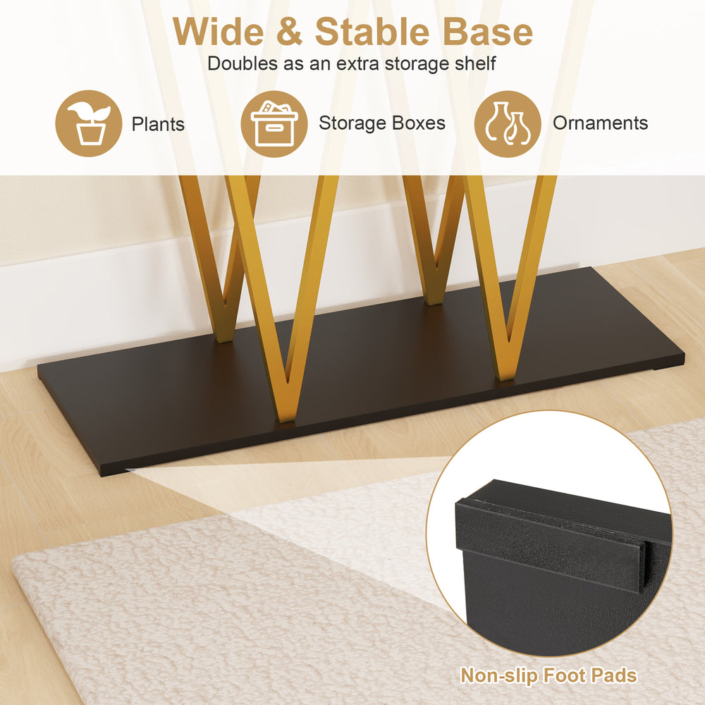 Gold entryway table with faux marble top and sturdy metal frame, featuring a wide base for extra storage and non-slip.