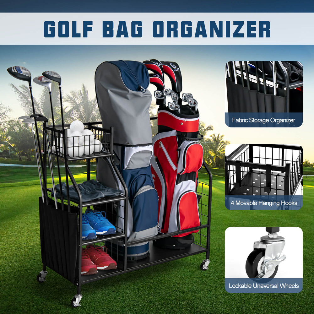 Double golf bag organizer with lockable wheels, featuring shelves, hooks, and large storage for golf bags and.