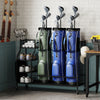 Golf bag organizer with three stands, lockable wheels, and hooks, perfect for storing golf bags and clubs at home.