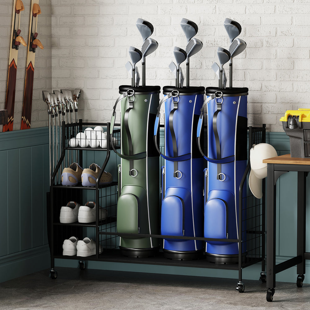 Golf bag organizer with three stands, lockable wheels, and hooks, perfect for storing golf bags and clubs at home.