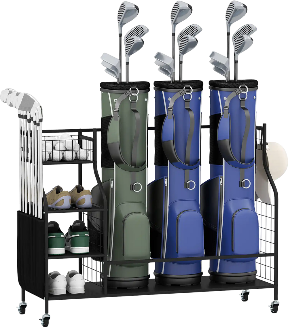 Golf bag organizer with three golf bags, storage basket, and lockable wheels for easy movement and durability.