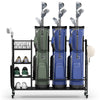 Golf bag organizer with three golf bags, storage rack, and lockable wheels for easy movement in black.