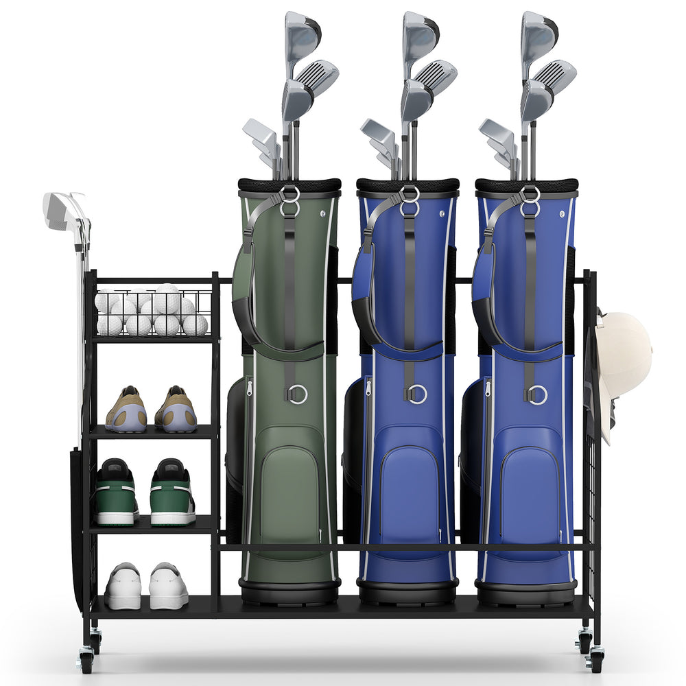 Golf bag organizer with three golf bags, storage rack, and lockable wheels for easy movement in black.