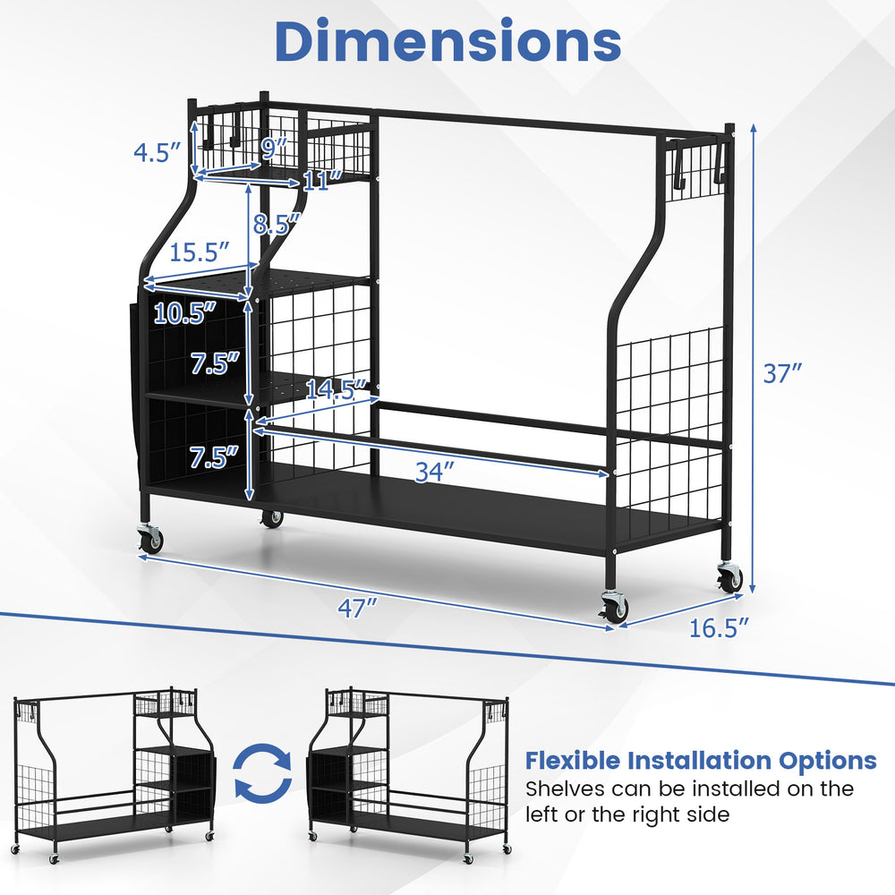 Golf bag organizer dimensions showing a black metal frame with lockable wheels and flexible shelf installation options.