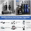 Golf bag organizer with lockable wheels, holding 3 bags and 8 clubs, ideal for home or garage storage.