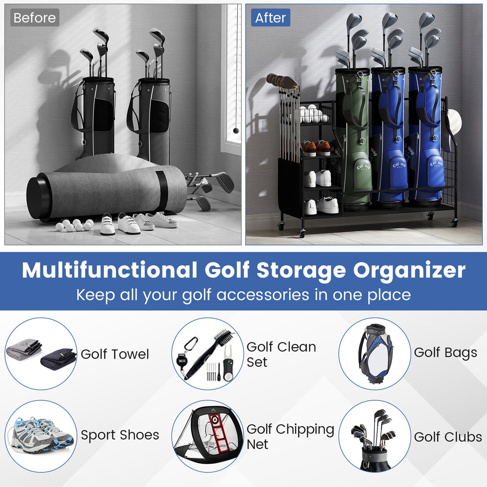 Golf bag organizer with lockable wheels, holding 3 bags and 8 clubs, ideal for home or garage storage.