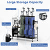 Golf bag organizer with 3-tier rack, holds 3 golf bags and 8 clubs, featuring lockable wheels and hooks for versatile.
