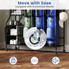 Golf bag organizer with lockable wheels, holding 3 bags and 8 clubs, designed for easy movement and stability.