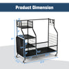 Double Golf Bag Organizer dimensions with lockable wheels, featuring shelves and hooks for golf accessories storage.