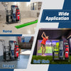 Double golf bag organizer with lockable wheels, featuring shelves and hooks for accessories, ideal for home or garage.