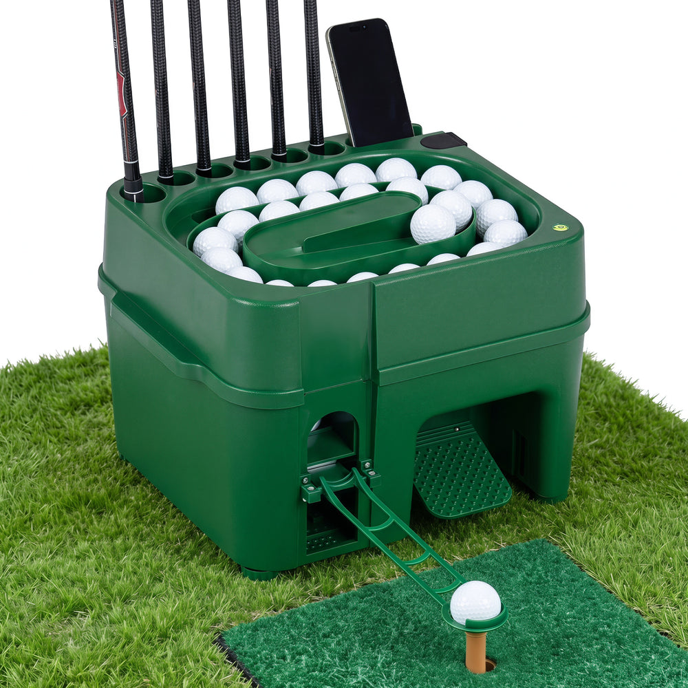 Side view of golf ball dispenser featuring a phone slot and adjustable foot pads for a stable practice setup.