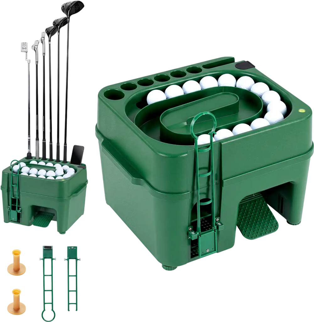 Golf ball dispenser with 50-ball capacity, 6-club holder, and one-touch auto tee-up for effortless practice sessions.