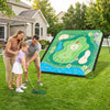 Family enjoying the 71 x 71 inches golf chipping game set for indoor and outdoor practice in their backyard.
