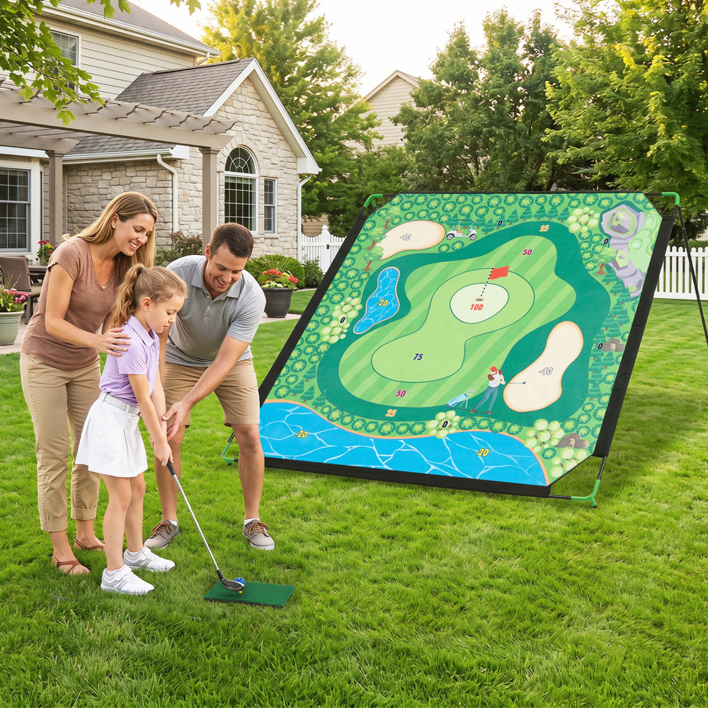 Family enjoying the 71 x 71 inches golf chipping game set for indoor and outdoor practice in their backyard.