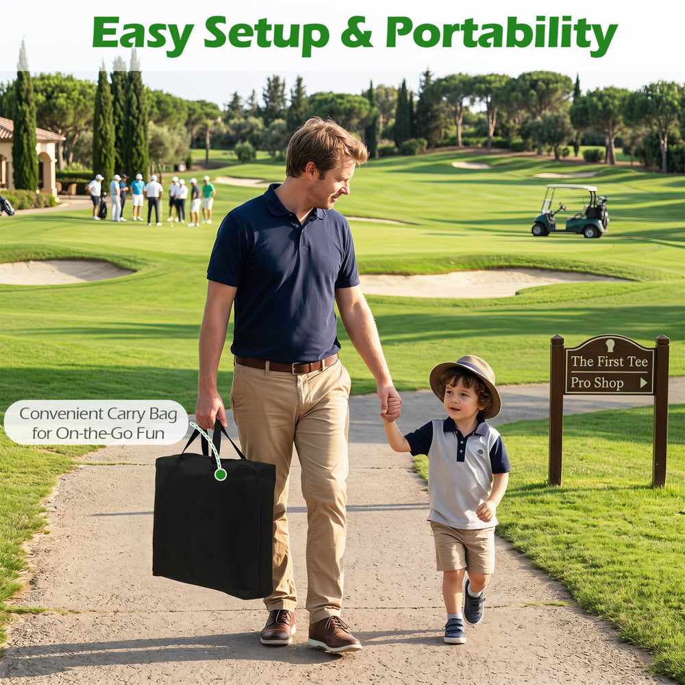 Golf chipping game set with a large target, adjustable angle, and convenient carry bag for indoor and outdoor practice.