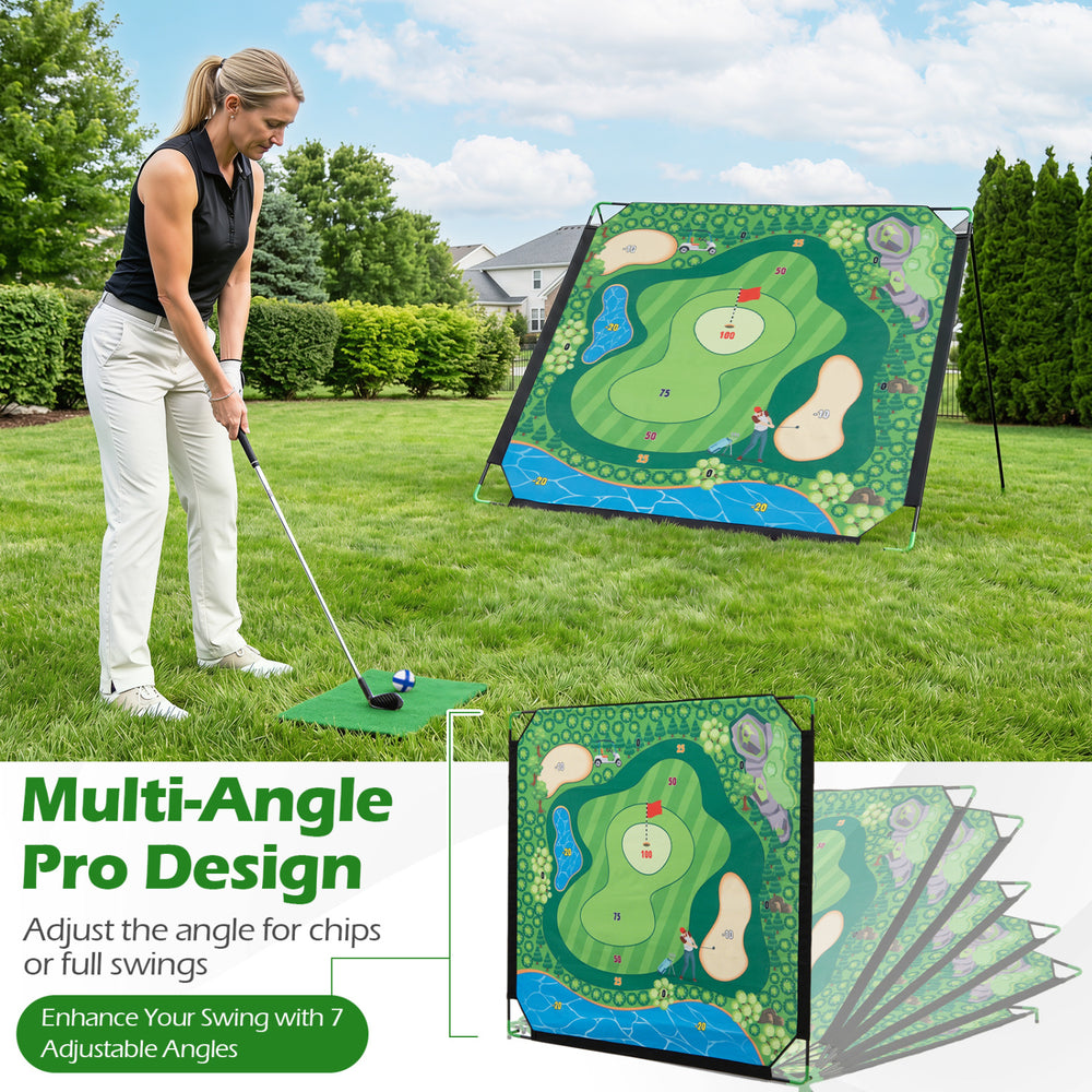 Golf chipping game set with adjustable angle, large target, and 24 sticky balls for indoor and outdoor practice.