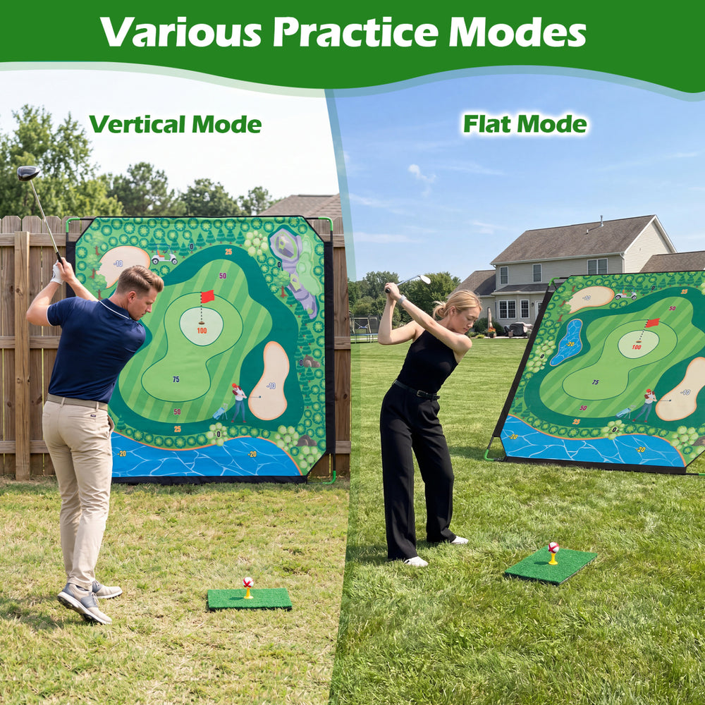 Golf chipping game set in vertical and flat modes, featuring a large target and adjustable angle for indoor and outdoor practice.